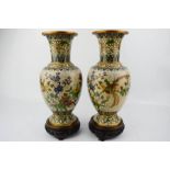 A pair of early 20th century Chinese fine cloisonne vase on original wooden bases, 30cm high.