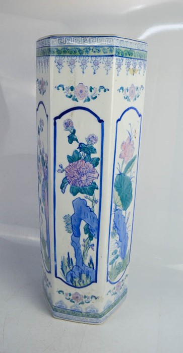 A Chinese hand painted hexagonal stick stand, 60cm high.