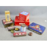 A group of vintage tins, including OXO, Birds Baking Powder, 1953 Queens Coronation, Sanatogen and