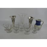 A group of glassware including Edwardian custard cups, vase, a pair of silver plated vases, and a