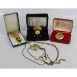 A quantity of watches including miniature bracket clock, pendant necklaces and other items.