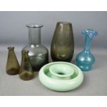 A group of glass Holmegaard style vases, and a Clarice Cliff ashtray.