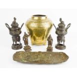 A pair of 19th century Chinese bronze censors, an early brass censor signed to the base, and a