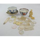 A group of mother of pearl Chinese counters and other items, including 19th century blue and white