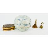 Two Victorian seal fobs, a Stratton box, and a Chinese blue and white trinket box.