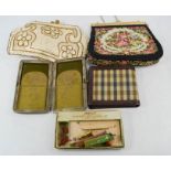 A vintage needlework evening bag, a seaquinned bag, a leather purse and a wallet stamped Aquascutum,
