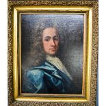 Manner of Lely, an 18th century portrait of a gentleman with blue coat, in a later frame, 53 by