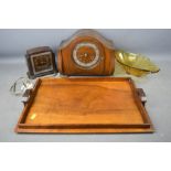 A 1930s mantle clock, alarm clock, retro dish and tray.