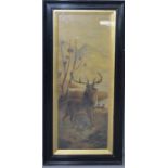 A 19th century oil on canvas, depicting a stag with mountains in the background, 90 by 32cm.