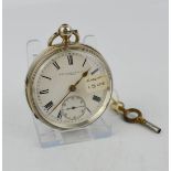 A silver English Lever pocket watch, Chester 1906, white enamel face with Roman numerals, signed B