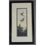A Japanese gouache on paper, depicting ducks in flight above a river, 28 by 9cm. [Purchased from