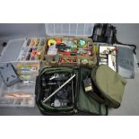 A group of pike tackle, to include spinners, lures, floats, and a pair of binoculars by Bressa