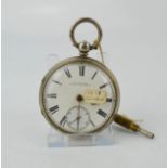 A silver open faced English lever pocket watched, London 1878, white enamel face with inset