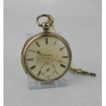 A silver English Lever pocket watch, Chester 1879, cream enamel face with Roman numeral dial,