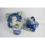 Three blue and white Ironstone examples, cheese dish, jug and bowl.