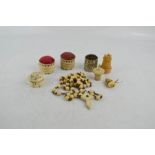 A group of Victoriana, to include sewing accessories; carved bone pin cushion, pin box carved 'For