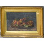 Elsie L Freeman: 19th century oil on canvas, still life of peaches and fruit in a basket, in the