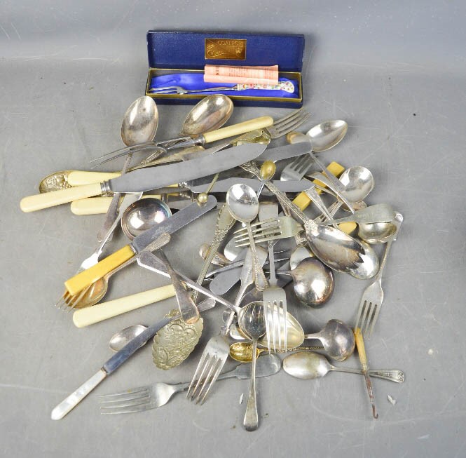 A quantity of silver plated flatware, including a Coalport boxed fork.