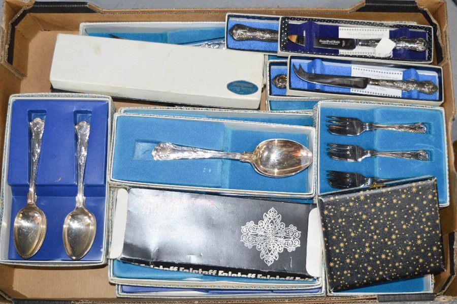 A group of silver plated flatware, with five boxed examples with silver handles, boxed.