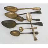 A group of Georgian & Victorian silver spoons including teaspoon, mustard and serving spoons, 7.