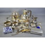 A group of silver plate ware to include rectangular tray, caddy/biscuit barrel, flatware,