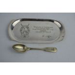 A Silverplate tray and spoon reputedly found in Adolf Hitlers office by Captain Alan Holiday -