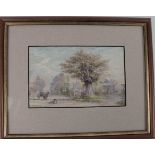 A 20th century unsigned watercolour; village scene with horse and cart, and collie dog beside an oak