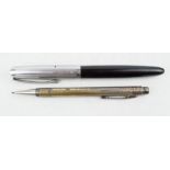 A Mentmore fountain pen no. 69, and an Eversharp silver plated propelling pencil, machine engraved.