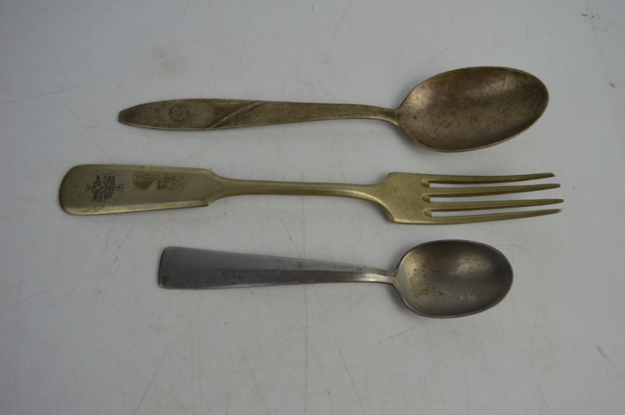 German Nazi spoons and fork - Large spoon marked Stalingrad with makers mark on back - Small spoon