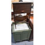 A green painted pine kitchen cabinet with tile top, together with a small 1940s work table/sewing