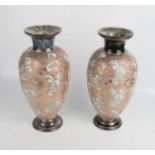 A pair of Doulton Lambeth vases, with green mottled glaze, no. X6252 to the base.