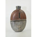 A silver plated, glass and leather hip flask with chased design, by J Deakin & Sons, with