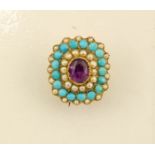 A gold (unmarked) amethyst, seed pearl and turquoise brooch, 2cm high.