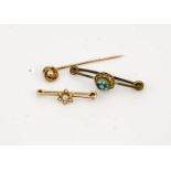 A 9ct gold hat pin, with ball and rope-twist knot top, a gold (unmarked) tie pin with seed pearl set