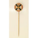 A Scottish gold (unmarked) and agate hat pin, the green agate central cross embellished with a