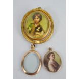 A pinchbeck Victorian revolving brooch, 9ct gold pendant frame and a further oval pendant containing