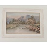 A 19th century watercolour, unsigned, depicting a river, with mountains in the background, 9 by 14cm