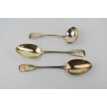 Two Georgian silver serving spoons, and a silver ladle engraved with monogram, 5.40toz.