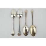 Four Georgian silver spoons, two engraved with initials M.S., London 1753, by John Gorham, and two