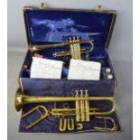 A Stradivarius model 72 Vincent Bach trumpet, no ML 53392, and a Henri Selmer trumpet no 55446,