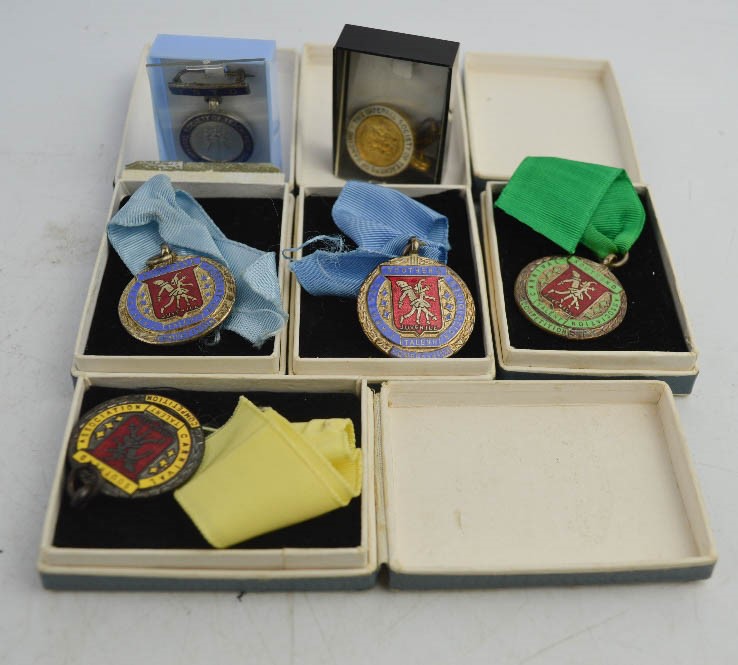 A group of teaching medals, some boxed, mostly from the teaching society.