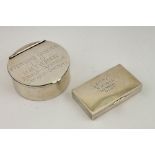 A silver navel box, inscribed, together with a small silver medal box.