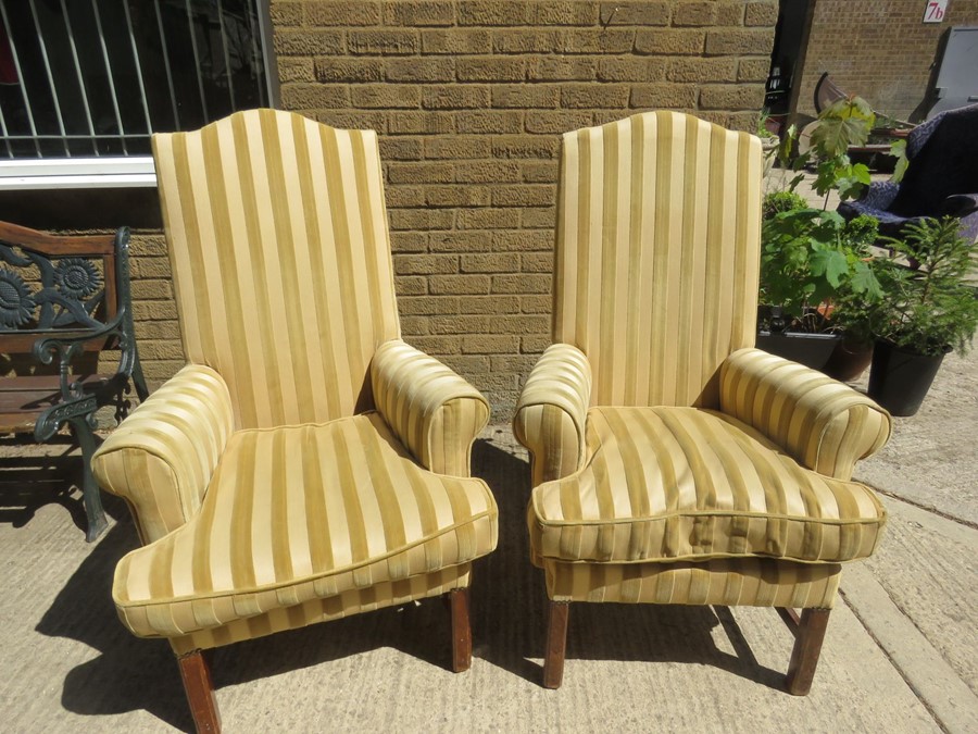 A pair of high back armchairs in a yellow stripe pattern - Image 2 of 2