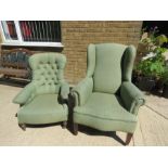 A green wing back chair together with a button back chair both matching patterns