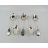 Five silver serving spoons, initialled W.E.W., London hallmarks, various dates and makers; 1830s and