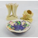 A Maling ware dish, 1553 to the base, and two bud vases, Royal Ivory rose form example and one