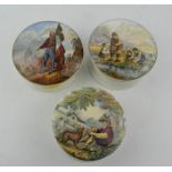 Three 19th century Prattware pots with lids, various scenes.