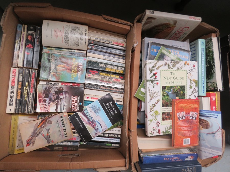 Three boxes of books to include Steam on Britains Railways - Various cook books - Novels etc