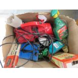 A box of gardening tools - Sprayer - Camping gas lamp - Dirt devil hoover etc