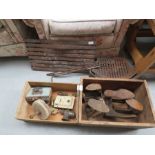 A group of fire irons - grates plus two boxes of cobblers tools - locks etc